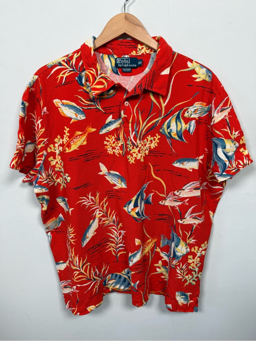VTG Polo Ralph Lauren Tropical Fish Coral Reef Print Polo Shirt Red XXL